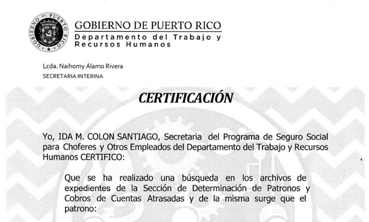 Chauffeur's Insurance Certification (Certificación Seguro Choferil)